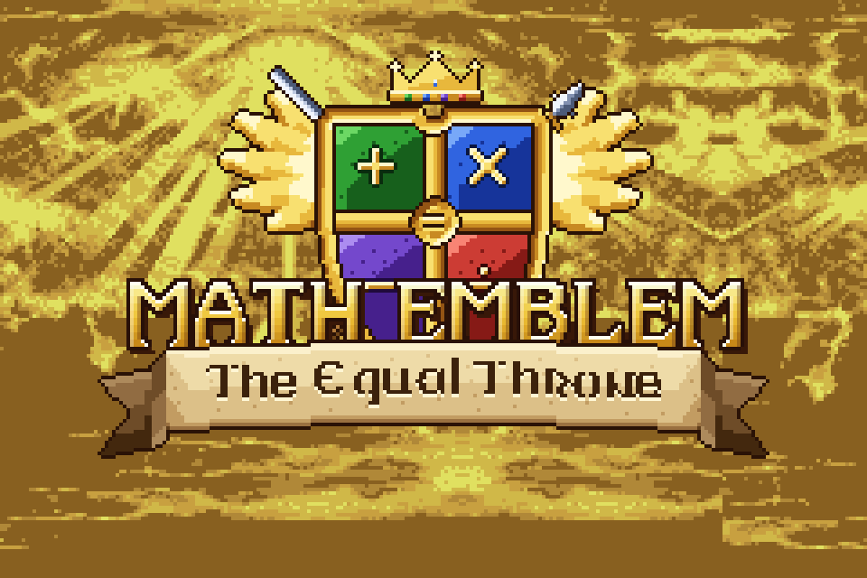 Math Emblem title screen: a four-colour crest with the plus, times, minus and divide sigils above a golden pixel logo, over a sunlit sky.